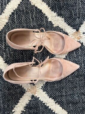 Shoes of Prey - Suede Pointed-Toe Tie Heels - Nude/Blush